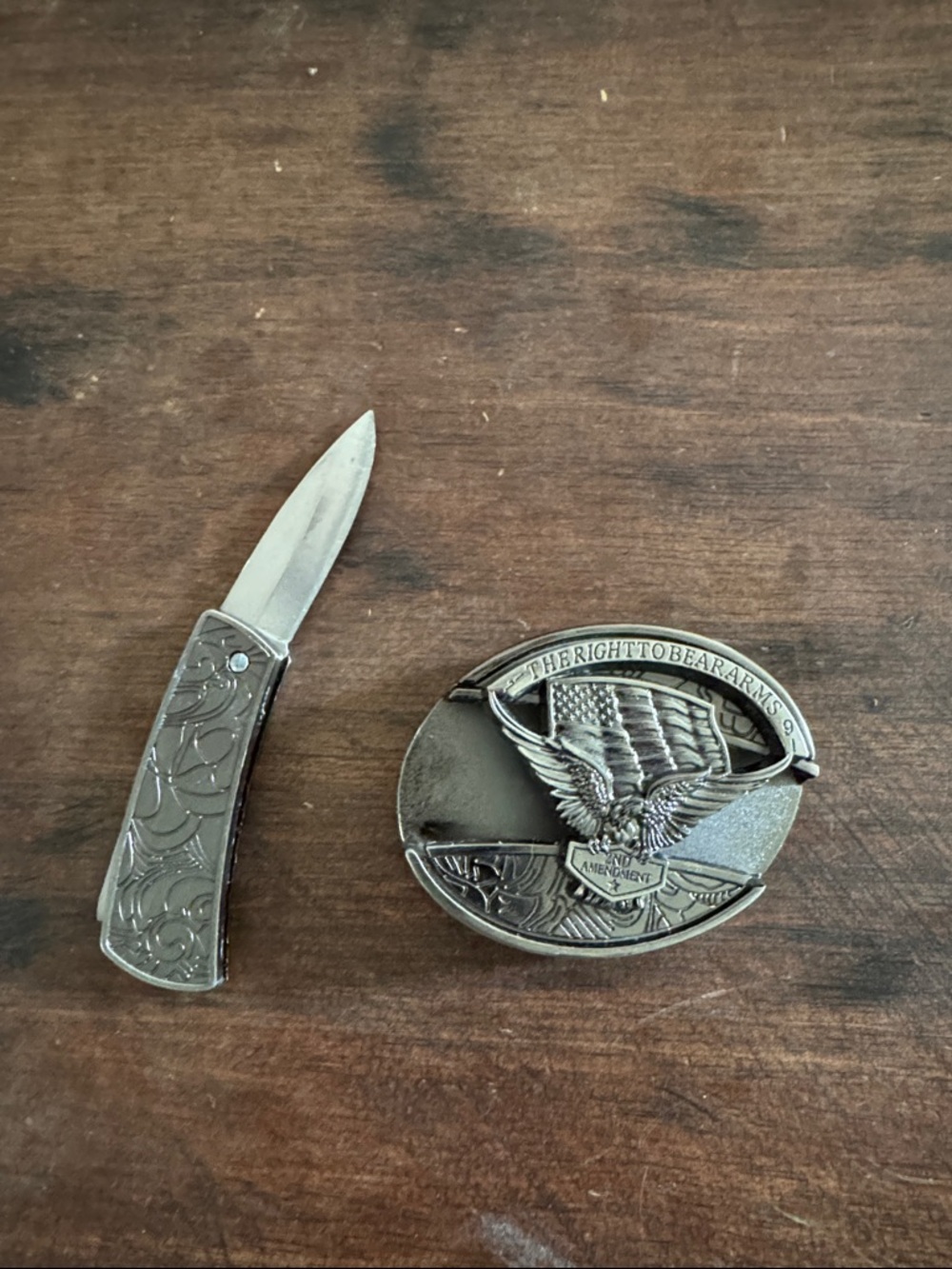 NWOT Antique looking Silver Eagle Flag Belt Buckle - with pocket knife
